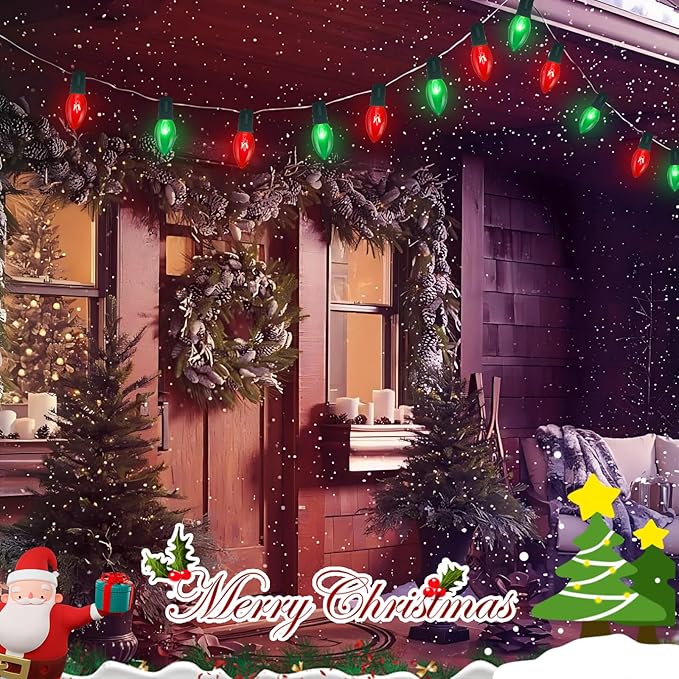 25FT Red and Green Christmas Lights,C9 Incandescent Christmas Lights with 26 Bulbs(1 Spare),Hanging Outdoor Christmas Lights for Home Garden Yard Xmas Tree House Decorations