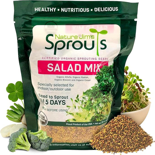 Nature Jims Sprouts Organic Salad Mix – Non-GMO Microgreen Seeds for Growing – Healthy Broccoli, Alfalfa, Radish & Clover Sprouting Variety Blend – Microgreens & Sprouts Seeds for Home Gardening – 1lb