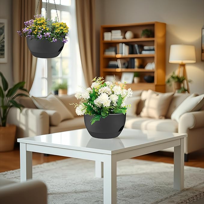 2 Pack 12 Inch Large Hanging Planters with Chains Self Watering Black Plastic Hanging Pots for Indoor Outdoor Plants, Garden Porch Home Decor，Black