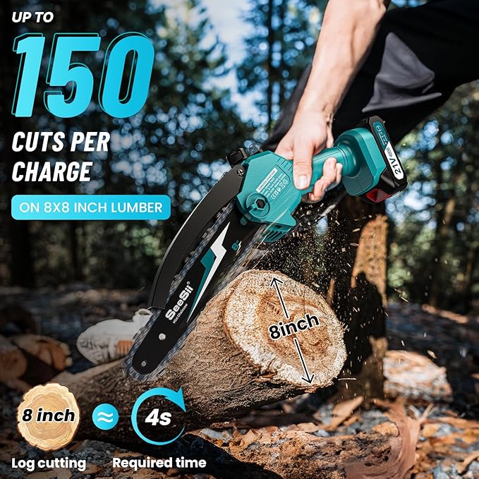 SEESII Mini Chainsaw 8 inch,Cordless Chainsaw w/ 2pcs 2000mAh Batteries,Oiler System & Replacement Chain,Handheld Chain Saw w/Safety Lock,Battery Powered Chain saw for Wood Tree Cutting,CH820+
