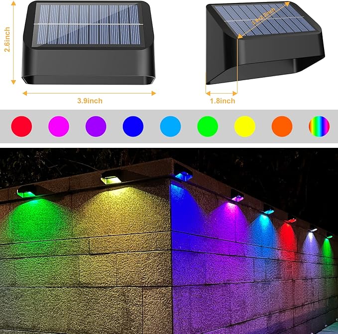 Solar Lights Outdoor 8 Pack, RGB 8 Colors, Dusk to Dawn Deck Light, Solar Deck Lights for Outside IP65 Waterproof, Backyard/Railing/Wall/Step/Patio/Fence