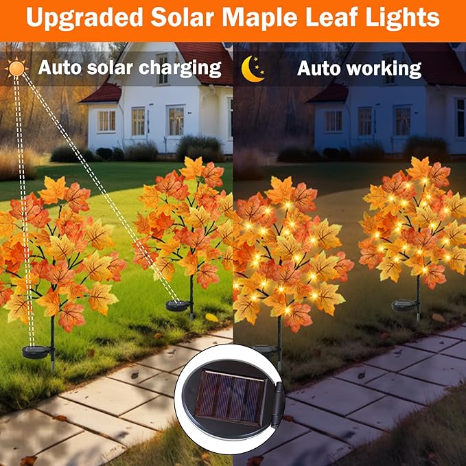 TORONTOKYO 4 Pack Fall Solar Outdoor Lights, Fall Decor 80 LED Maple Leaves Solar Stake Light with 8 Modes, Waterproof Fall Garden Lights Thanksgiving Decorations for Autumn Yard Pathway Outside