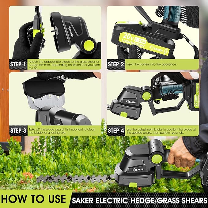 Saker Cordless Hedge Trimmer-20V Electric Shrub Trimmer Grass Shears Handheld Grass Cutter, Hedge Shear with 2 PCS Rechargeable Battery and Charger for Garden, Lawn