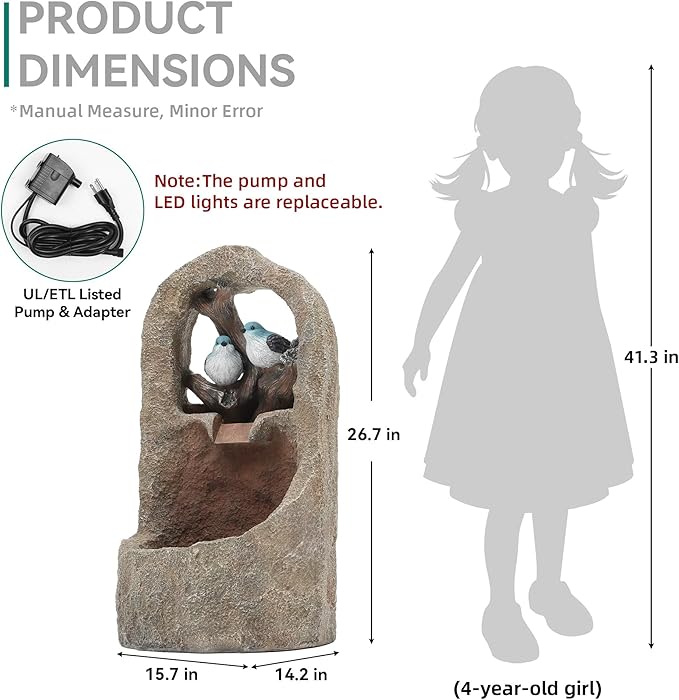 27" 2-Tier Bird Outdoor Water Fountain with Lights, Natural Zen Garden Fountain, Relaxing Waterfall Floor, Yard, Porch or Deck Decor, Whether-Resistant, Faux Granite Texture