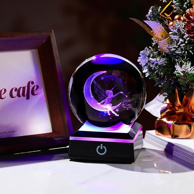 Qianwei Moon Fairy 3D Crystal Ball Laser Engraved Fairy Glass Ball Fairy Night Light Decorative Globes 3D Crystal Moon Sphere Fairy Gifts for Girl Her Fairy Lover