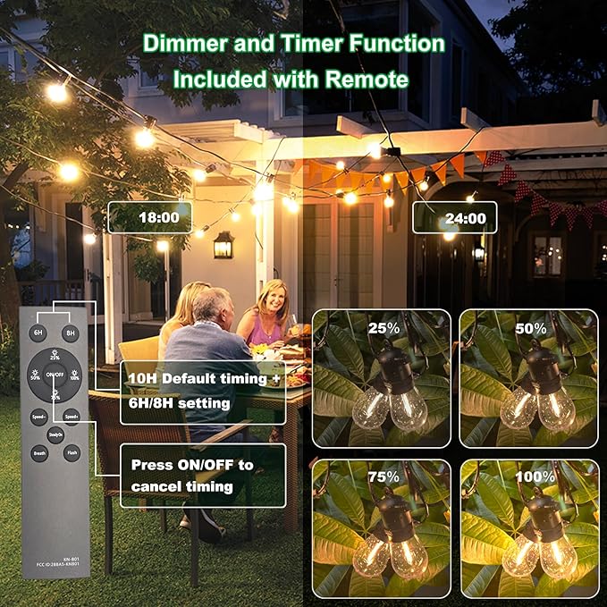 54(48+6) ft Solar String Lights Outdoor,Waterproof with USB Port Remote Control Solar Patio Lights,16 Shatterproof S14 Bulbs,1W Soft White
