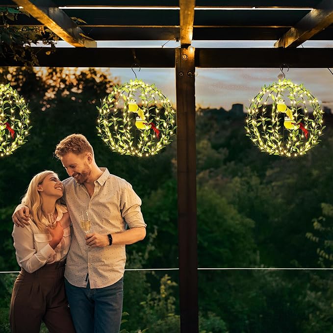 Joomer Solar Lights Outdoor, 2 Pack 12in 120 LED Solar Hanging Light Balls Outdoor, 8 Modes Waterproof Foldable Metal Sphere Light with Hook for Outside Hanging - Warm White(Ball with Green Leaf+Bird)