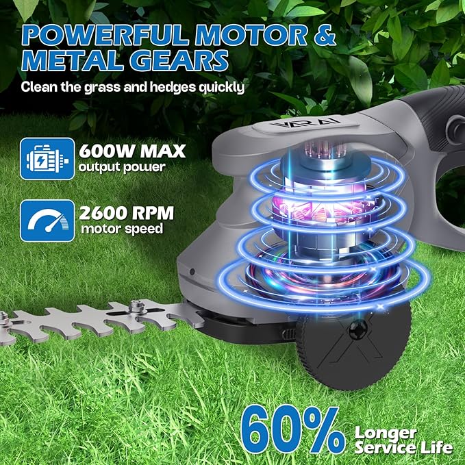 Cordless Hedge Trimmer, 2-in-1 Hedge Trimmer, Ultra Long Battery Life with Battery*2, high-Power and high-Capacity Grass Trimmer for Gardens, Yards and lawns, Including Charger