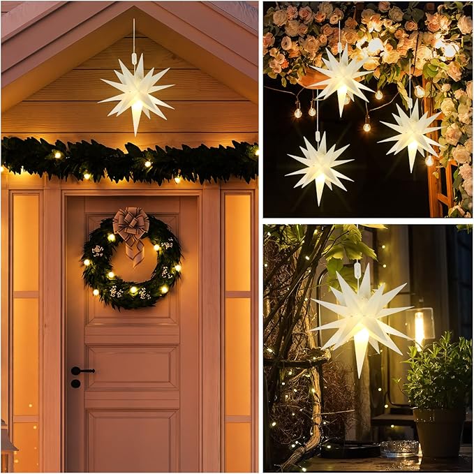 Kingdder 4 Pieces Moravian Star Light LED 3D Star Hanging Light Powered by Battery with Timer Function White Porch Lantern Holiday Decor for Indoor Outdoor Christmas Tree Balcony Courtyard (12 Inch)
