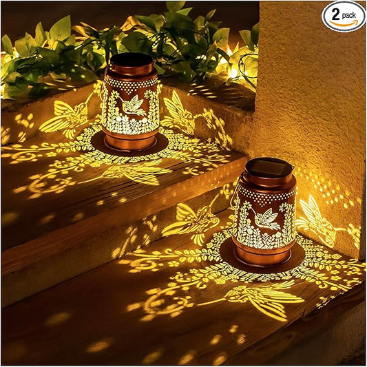 2 Pack Hummingbird Solar Lanterns Outdoor Waterproof Hanging Solar Lights Hummingbird Gifts for Women Men Metal Decorative LED Lights for Garden Decor,Yard,Patio,Lawn,Tabletop,Pathway,Landscape