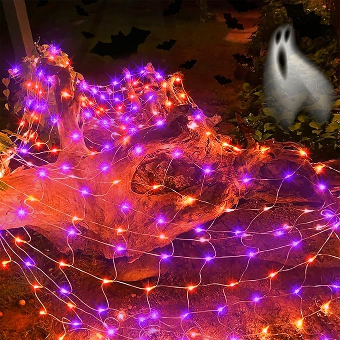 LJLNION Halloween Net Lights, 360 LED 12ft x 5ft Connectable Mesh Fairy String Lights, 8 Modes Low Voltage Safe Adaptor for Xmas Trees Bushes Wedding Outdoor Garden Yard Decorations, Orange & Purple
