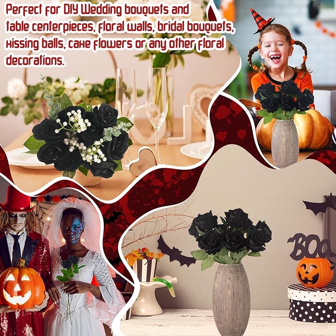 36 Pcs Silk Black Rose Bouquet Bridal Artificial Flowers,Fake Rose Long Stem Realistic Artificial Flowers Bulk for Wedding Bouquet Ball Arrangement Centerpiece Party Decor