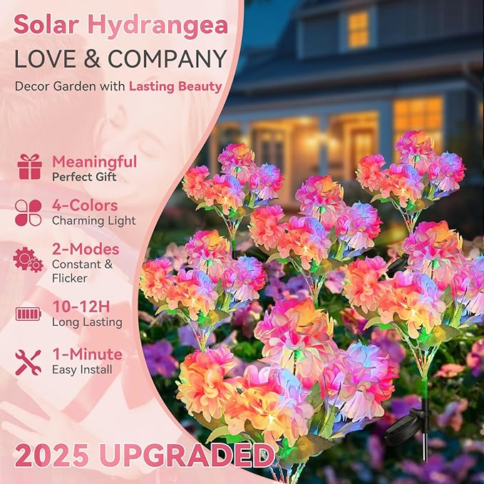 Neporal Solar Flowers Outdoor Waterproof IP65, 5-Head Pink Hydrangea with 4-Color Light & 2 Lightning Modes, Solar Garden Lights for Garden, Yard, Pathway, Gardening Gifts for Women - 6 Pack
