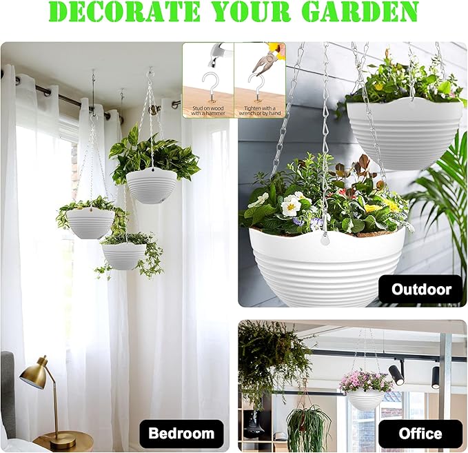 Hanging Planters, Set of 9 White Hanging Pots, 8" Hanging Flower Pots, Plant Pots with Drainage Plugs, Water Barrier and Chains, Come with Free Mini Garden Tools Set