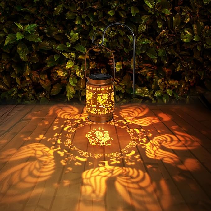 Solar Lanterns Outdoor Garden Decor,Chicken Gifts for Women, Mom, Grandma, Birthday, Thanksgiving, Decorative Waterproof Hanging Metal LED Light for Yard, Patio, Lawn, Landscape, Backyard (Rooster)