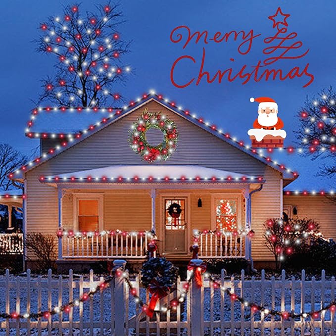 QITONG 4 Pack Red and White Solar Fairy Lights, Each 33ft 100 LED Christmas Lights, 8 Modes Silver Wire Solar String Lights