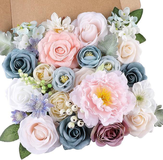 AGIRL Artificial Flowers Combo Silk Pink Roses Fake Flower with Stems for DIY Wedding Bouquets Centerpieces Arrangements Table Chair Decor Baby Shower Home Decor (Blue Pink)