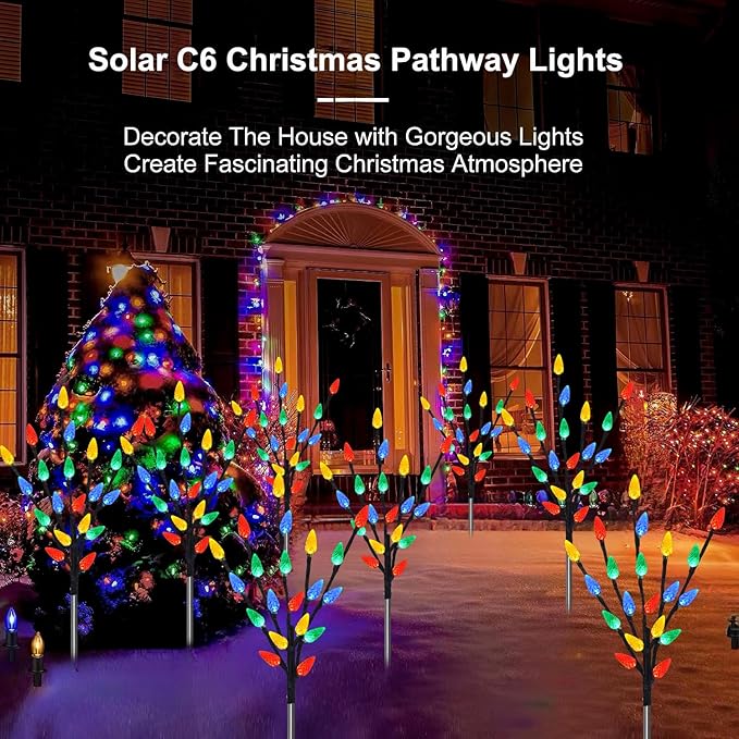 Upgraded 6 Packs 120 LED C6 Solar Christmas Lights, Outdoor Christmas Decorations Yard Lights, 8 Modes Waterproof Christmas Pathway Lights for Christmas Decorations Outdoor Yard Patio Cemetery Grave