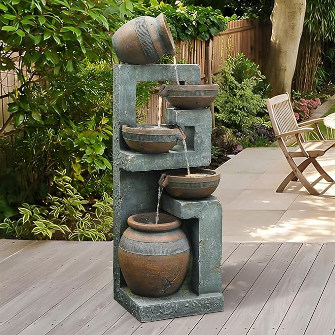 50.4" H Large Garden Fountains Outdoor, 5-Tier Cascading Rustic Style Bowl Water Fountain and Waterfall Feature with Light and Pump for Garden, Patio, Deck, Porch, Home Décor, Gray&Brown