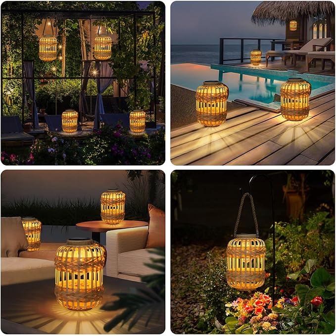 Solar Lanterns Outdoor Hanging Lights Rattan Bamboo Solar Light Waterproof with Twine Handle Garden Decorative Table Lamp for Yard Tabletop Patio Tree Pathway Home Decoration