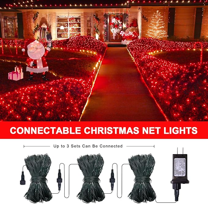 JMEXSUSS 360 LED Red Net Lights Outdoor, Connectable 12ft x 5ft Red Net Lights Plug in with Remote, 8 Modes Waterproof Red Christmas Lights for Bushes Christmas Halloween Decorations