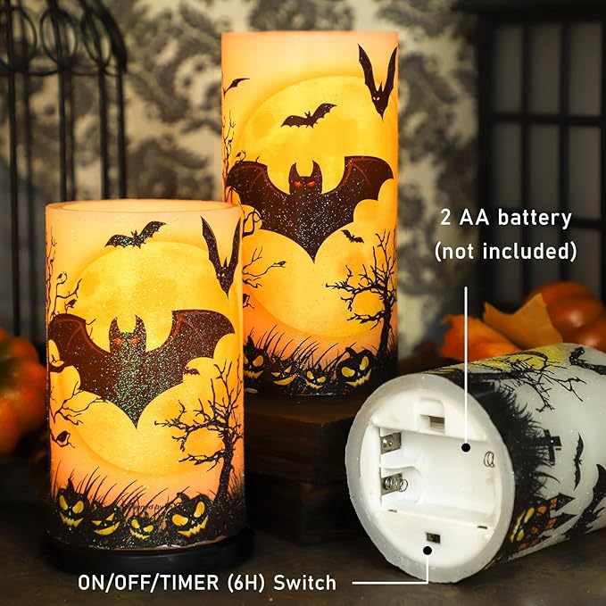 Halloween Decorations LED Candles with Bats Moon Big House Pumpkin Battery Operated Remote Timer Dim Glitter Design Real Wax Realistic Flickering Flameless Pillar for Horror Spooky Decor
