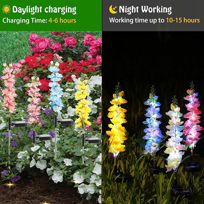 Solar Delphinium Flowers Lights Waterproof Color Lights Upgraded Solar Panel 2 Light Modes Solar Waterproof LED Solar Lights Outdoor for Yard Garden Lawn Pathway Decoration (6)
