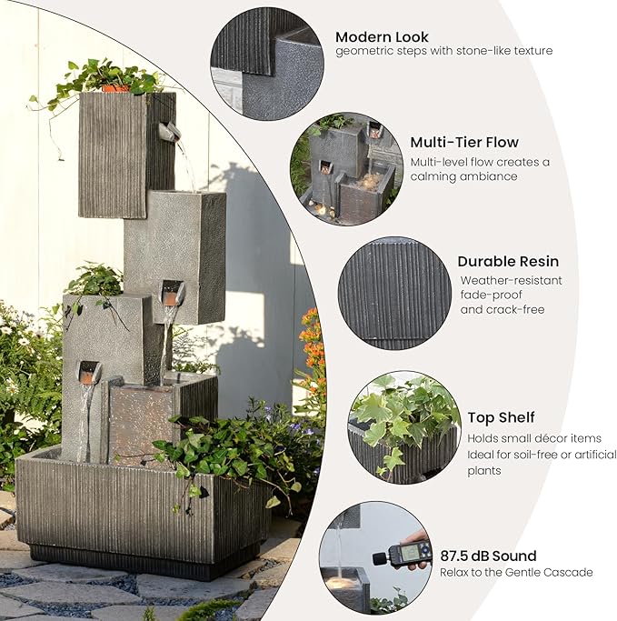 42" H Outdoor Water Fountain Garden Waterfalls - Large Water Feature Geometric Stacking Waterfall Fountains Planter with Lights for Patio Backyard Deck Porch Deck and Home Decor, Gray