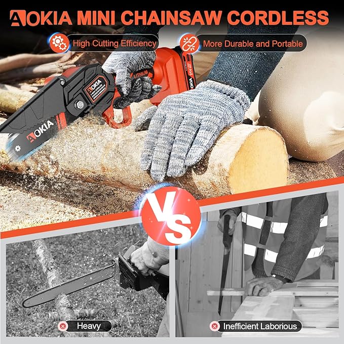 Cordless Mini Chainsaw 21V,4In Electric Chainsaw,Handheld & Portable Power Chain Saw for Tree Trimming Pruning Garden & Yard Work,Battery Chain Saw Gifts for Men Women Dad Orange