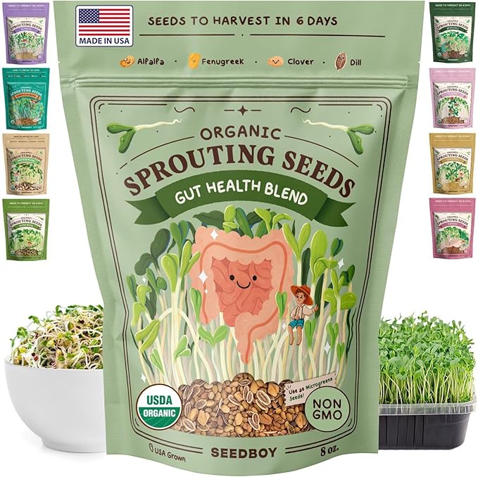 Seedboy Organic Sprouting Seeds - Gut Health Blend - Non-GMO, USA Grown Microgreens Mix - Clover, Alfalfa, Fenugreek, Dill - Makes 8 Quarts of Sprouts, 24 Servings (8 oz) (Gut Health Blend)