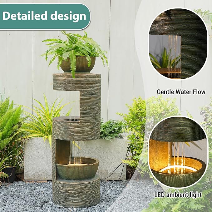 37.8" Outdoor Fountain with Waterfall & LED Lights, Freestanding Garden Water Fountain for Patio/Backyard, Resin Tiered Fountain with Pump