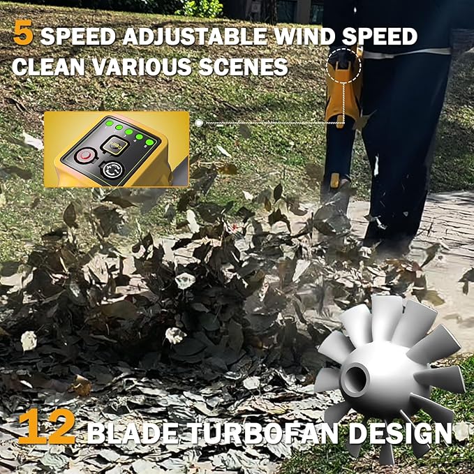 Leaf Blower Cordless,720CFM 210MPH Electric Blower with 2 x 21V 6.0Ah Battery and Charger, 5-Variable Speed & Turbo Mode, Blowers for Lawn Care (E 5003) (Black Yellow)