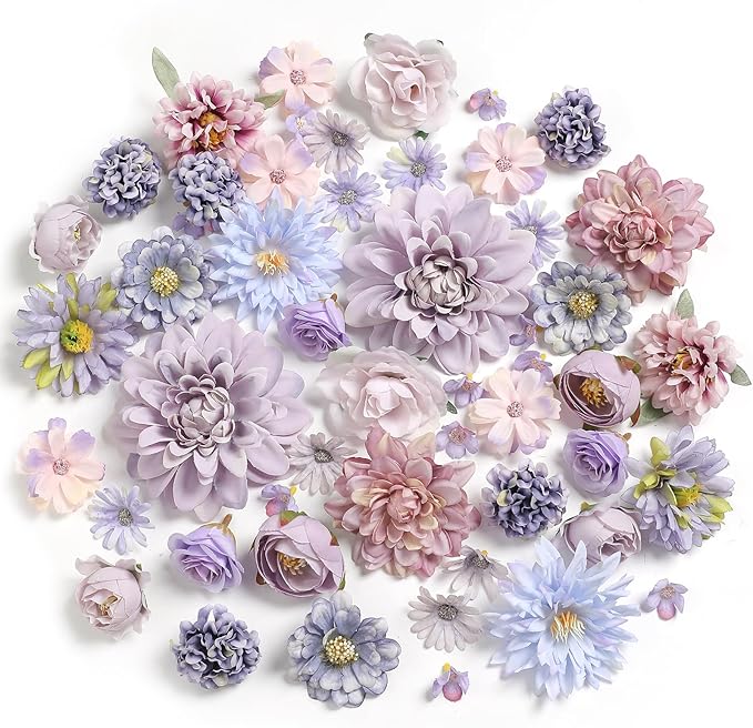 YYHUAWU Artificial Flowers Heads Combo Purple Flowers Mix Silk Flowers Dahlia Roses for DIY Wedding Bridal Bouquets, Baby Shower, Floral Arrangement, Table Centerpieces, Home Decorations.