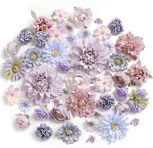 YYHUAWU Artificial Flowers Heads Combo Purple Flowers Mix Silk Flowers Dahlia Roses for DIY Wedding Bridal Bouquets, Baby Shower, Floral Arrangement, Table Centerpieces, Home Decorations.