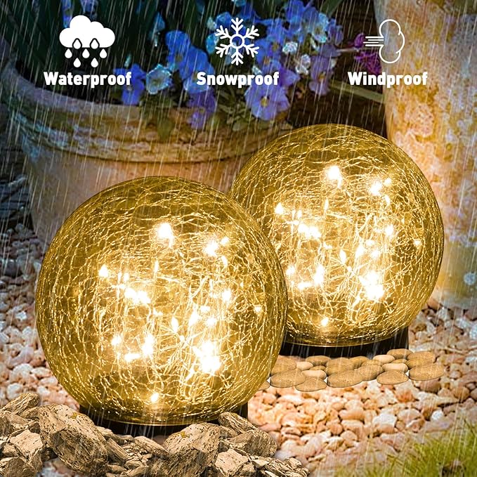 Solar Lights Outdoor Garden Decorative - 2 Pack Solar Globe Lights Upgrade Waterproof with 30 LEDs Cracked Glass Ball Lights for Yard Patio Pathway Lawn Outside Decor (4.73") Warm White