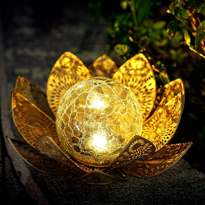 Solar Lights Outdoor Waterproof Lotus Flower Metal Yard Art Decoration Crackle Globe Glass Solar Lamp Garden Decor for Outside, Flowerbed Lawn Patio Porch Pathway Pond Decorations
