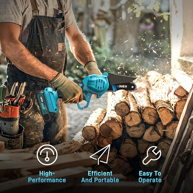Cordless Mini Chainsaw 21V,4In Electric Chainsaw,Handheld & Portable Power Chain Saw for Tree Trimming Pruning Garden & Yard Work,Battery Chain Saw Gifts for Men Women Dad Blue