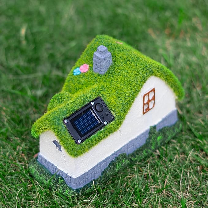 Solar Fairy House Garden Statue with Flocked Decor - Outdoor Garden Cottage Figurine with Lights, Figurine for Outdoor Patio Lawn Porch Garden Decorations