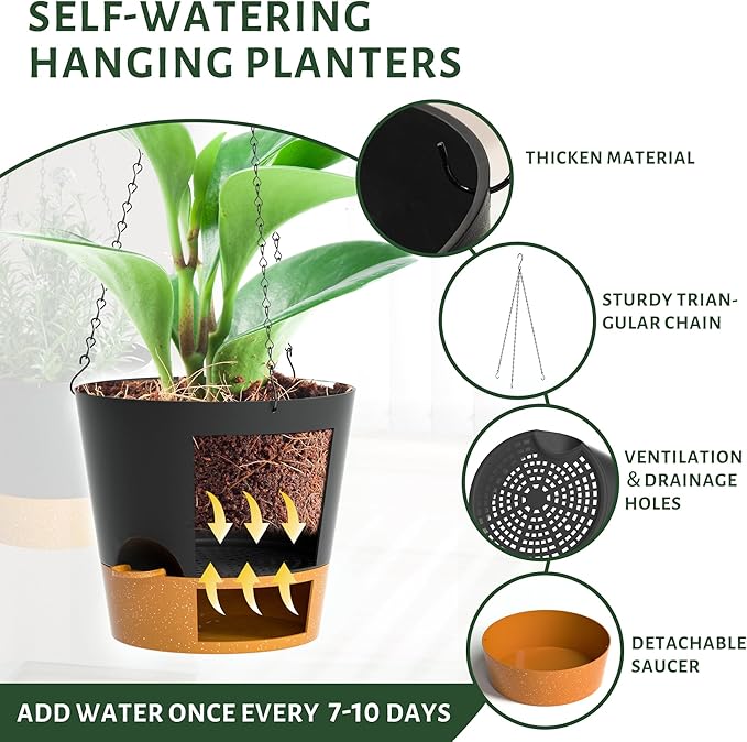Hanging Planters for Indoor Outdoor Plants, 2 Pack Self Watering Hanging Pot with Drainage Holes and Plant Hangers, Hanging Baskets Flower Pots for Home Garden Decor (Black, 10 inch)