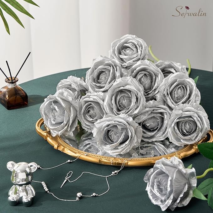 Serwalin 20pcs Artificial Silver Roses, 4'' Big Flower Head, Fake Roses Real Touch, Silk Roses Long Stems Realistic Bouquet for Wedding Parties Table Centerpiece and Home Decor