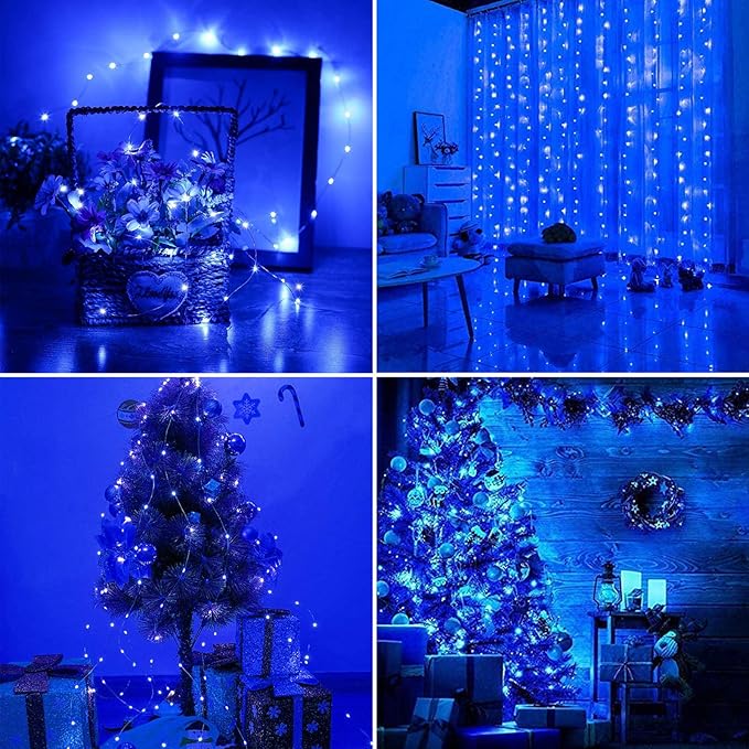 RUICHEN Blue Dimmable Fairy Lights Plug in, 99 Ft 300 LED Twinkle String Lights with Remote, Waterproof Silver Wire Firefly Lights for Bedroom, Patio, Yard, Christmas, Wedding, Party, New Year's Day