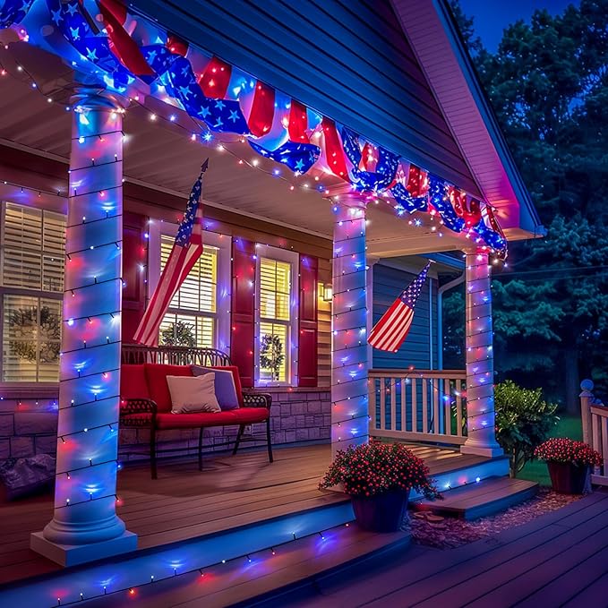 JMEXSUSS 500 LED Red White and Blue Lights 4th of July Decorations, 173ft 8 Modes 4th of July Lights Outdoor, Waterproof Patriotic String Lights Plug in for Memorial Day Independence Day Holiday Decor