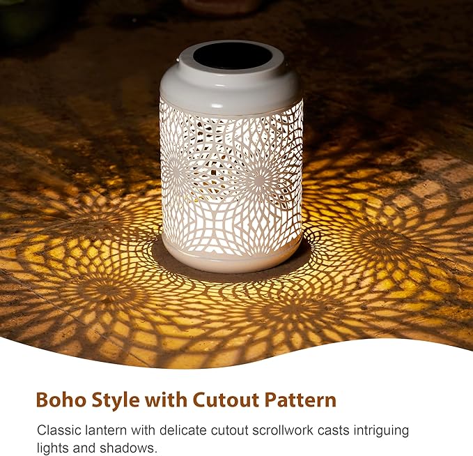 Glitzhome Solar Lantern White Metal Cutout Scrollwork Outdoor Hanging Solar Light with Handle for Garden Patio Yard Outdoor Decor