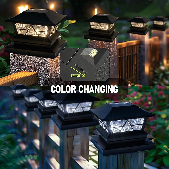 TW SHINE 2 Pack Solar Outdoor Fence Post Lights, 2 Modes Post Cap Lights Waterproof Color Changing Warm White/Cool White for Yard, Garden, Porch, Patio Decor, for 4x4 5x5 6x6 Wood Posts