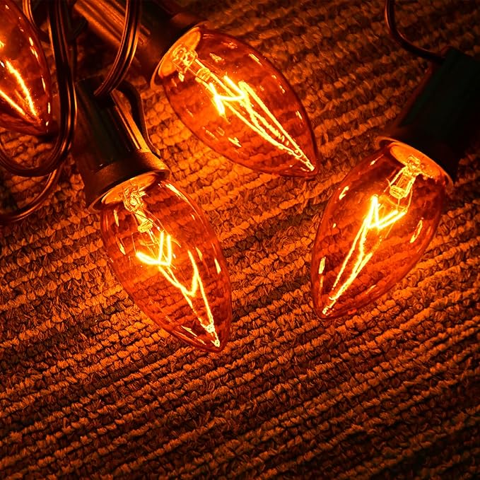 C9 Clear Orange String Light, 25Ft Outdoor Halloween Light String with 25 Clear Edison Bulbs, C9 Vintage Glass Hanging Lights for Patio Halloween Party Holiday Decor, C9/E17 Base, Black Wire