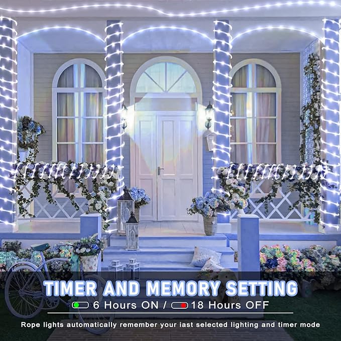 100FT 300 LED Rope Lights for Outside, Christmas String Lights with Waterproof 8 Modes, Connectable Plug in Fairy Lights for Indoor Bedroom Outdoor Patio Pool Garden Party Holiday Decor, White
