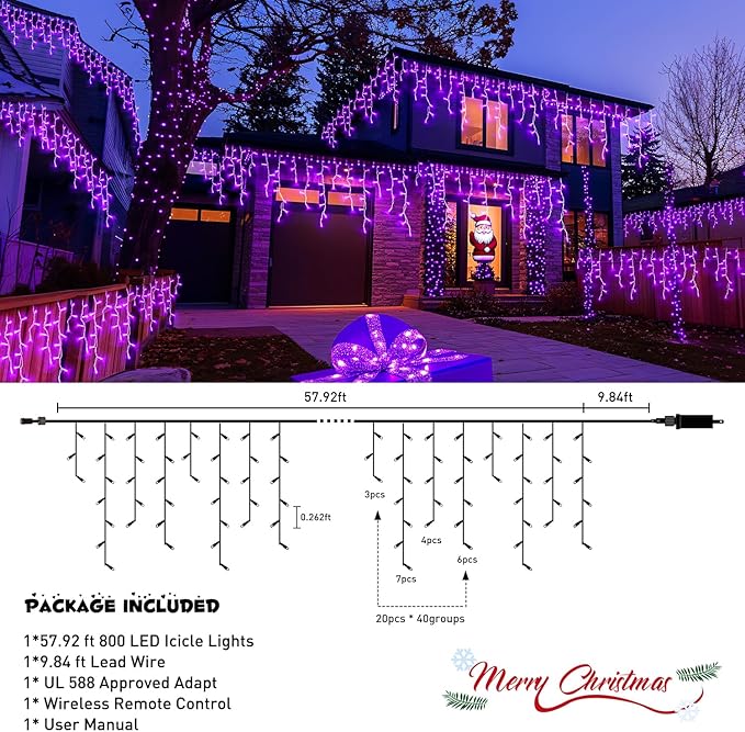JMEXSUSS 800 LED Purple Icicle Lights Outdoor, Purple Icicle Christmas Lights Indoor Plug in with Remote, Purple Christmas Lights for Outside Fireplace Eave Yard Christmas Decor
