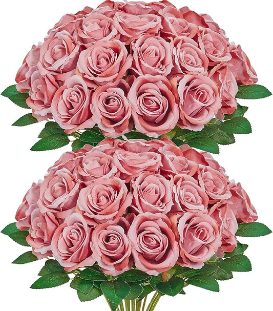 Serwalin 30pcs Artificial Roses Flowers, Dusty Pink Roses with Long Stems Realistic Fake Silk Roses Flowers for DIY Wedding Bouquet Centerpieces Party Home Table Decor
