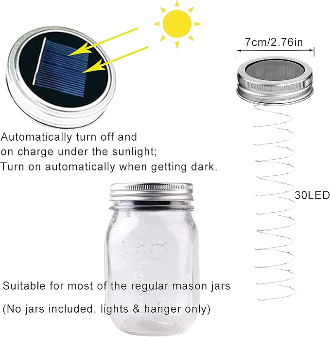 Solar Mason Jar Lid Lights, 10 Pack 30 LED Waterproof Firefly Fairy Lights with Hangers(No Jars), Outdoor Starry String Lights for Patio Yard Garden Wedding Lantern Decor (Colorful-with Hanger)