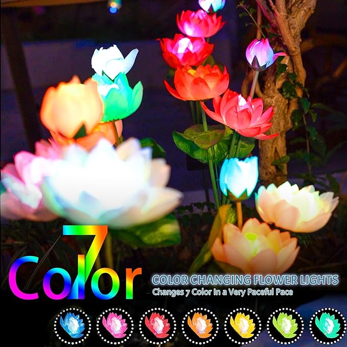 Solar Garden Lights - Solar Flower Lights, 7-Color Changing Lotus Lights for Yard, Garden Decoration, Bigger Solar Panel & Realistic Lotus Flowers (4 Pack)